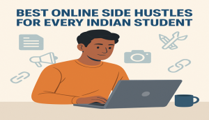 Indian student working on laptop for online side hustles illustration.