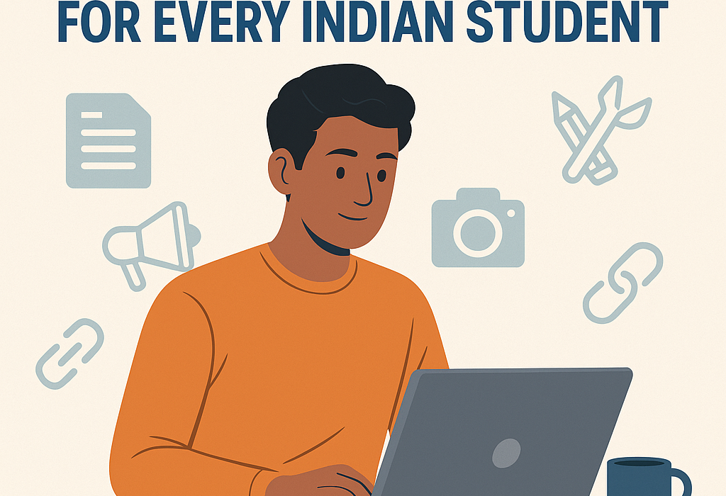 Indian student working on a laptop with icons showing online side hustles like writing, designing, and marketing