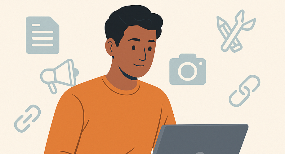 Indian student working on a laptop with icons showing online side hustles like writing, designing, and marketing