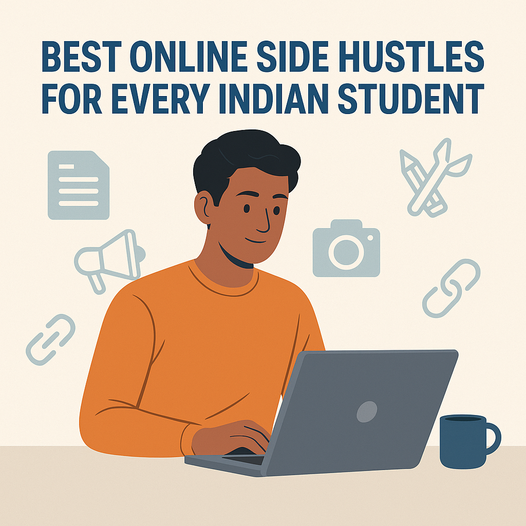 Indian student working on a laptop with icons showing online side hustles like writing, designing, and marketing