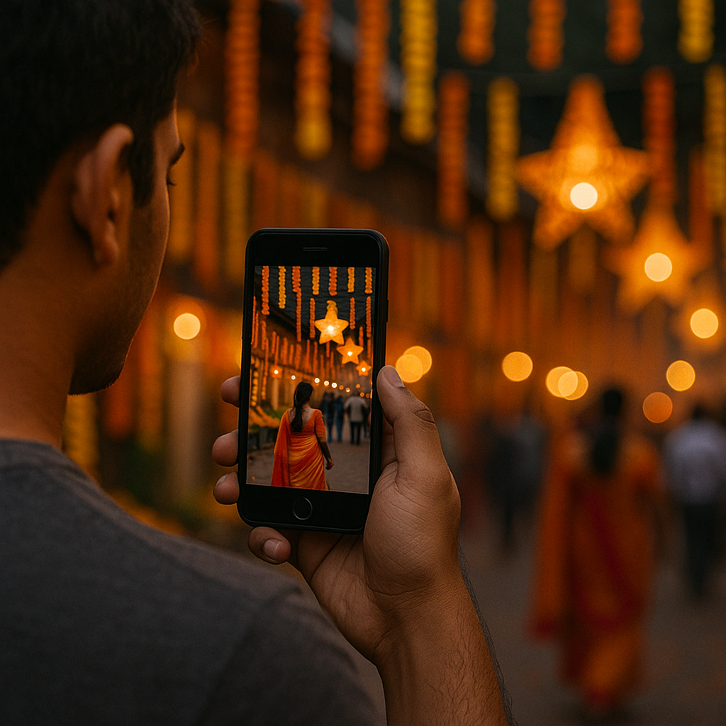 Indian student capturing Diwali street lights and decorations with smartphone for stock photography.