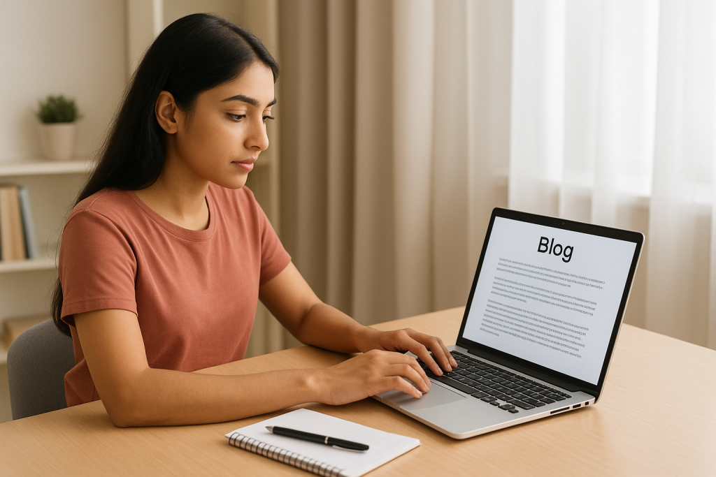 Indian student writing blog content on laptop as a freelance writer.