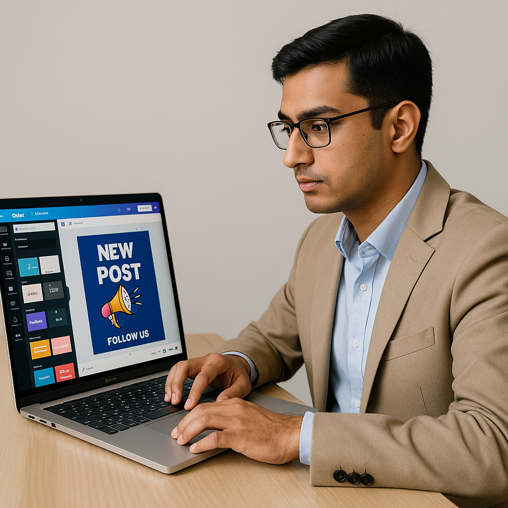 Indian male student designing social media post on Canva in a professional setting.