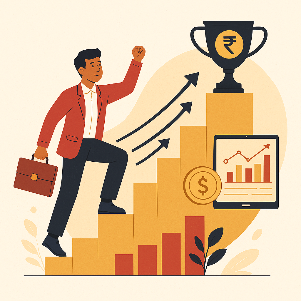 Indian Boy climbing steps of success towards online earning with trophy and growth chart.