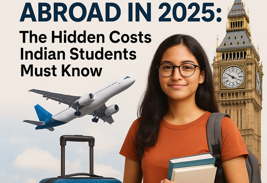 Indian student with suitcase and books standing near Big Ben, studying abroad in 2025.