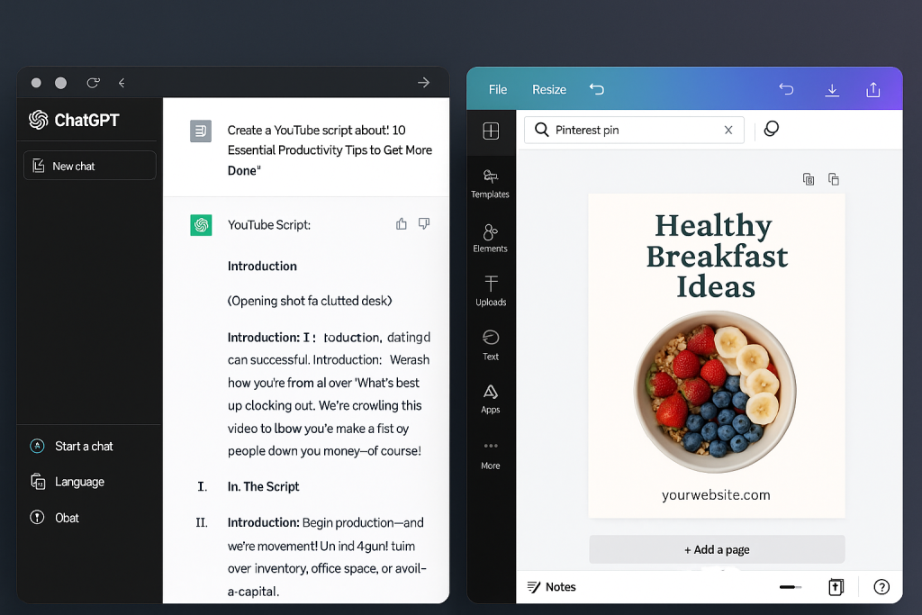 AI tools like ChatGPT and Canva being used to create YouTube scripts and Pinterest pins