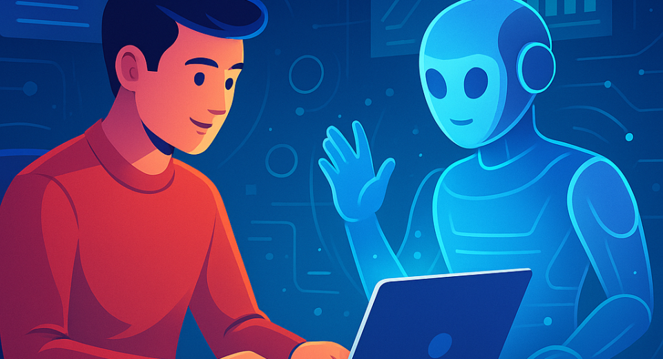 Cover image showing a man using AI technology on a laptop, with bold text 'AI Side Hustles 2025'