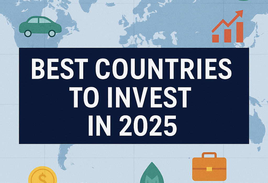 World map highlighting best countries to invest in 2025 with icons representing electric vehicles, hydrogen energy, textiles, and global business growth in India, Vietnam, UAE, Indonesia, and Mexico