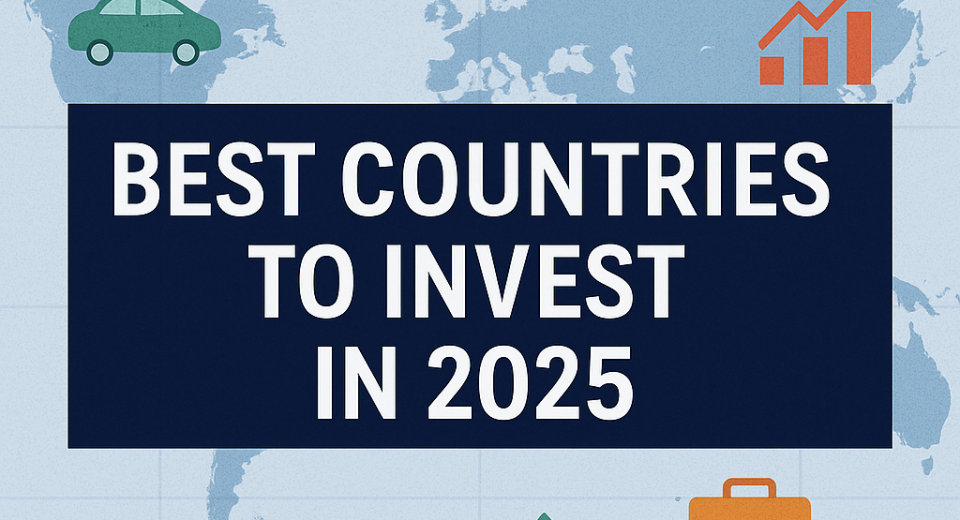 World map highlighting best countries to invest in 2025 with icons representing electric vehicles, hydrogen energy, textiles, and global business growth in India, Vietnam, UAE, Indonesia, and Mexico