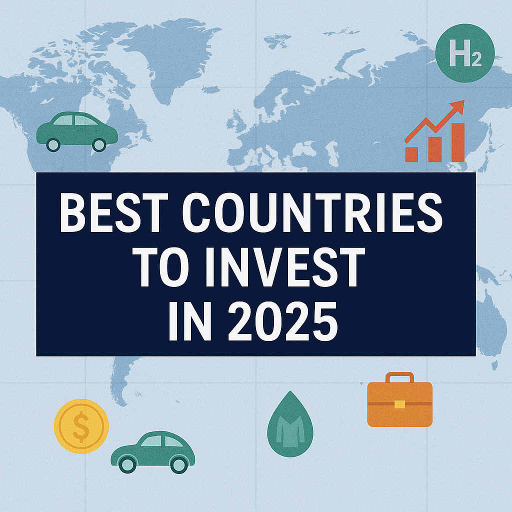 World map highlighting best countries to invest in 2025 with icons representing electric vehicles, hydrogen energy, textiles, and global business growth in India, Vietnam, UAE, Indonesia, and Mexico