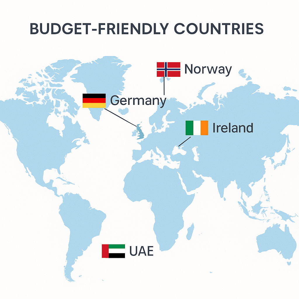 Map showing Germany, Ireland, Norway, and UAE as budget-friendly study abroad options for Indian students in 2025