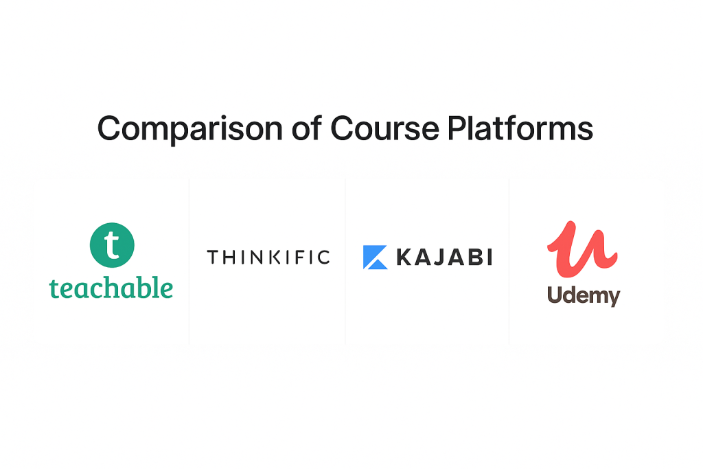 Logos of Teachable, Thinkific, Kajabi, and Udemy for course platform comparison.