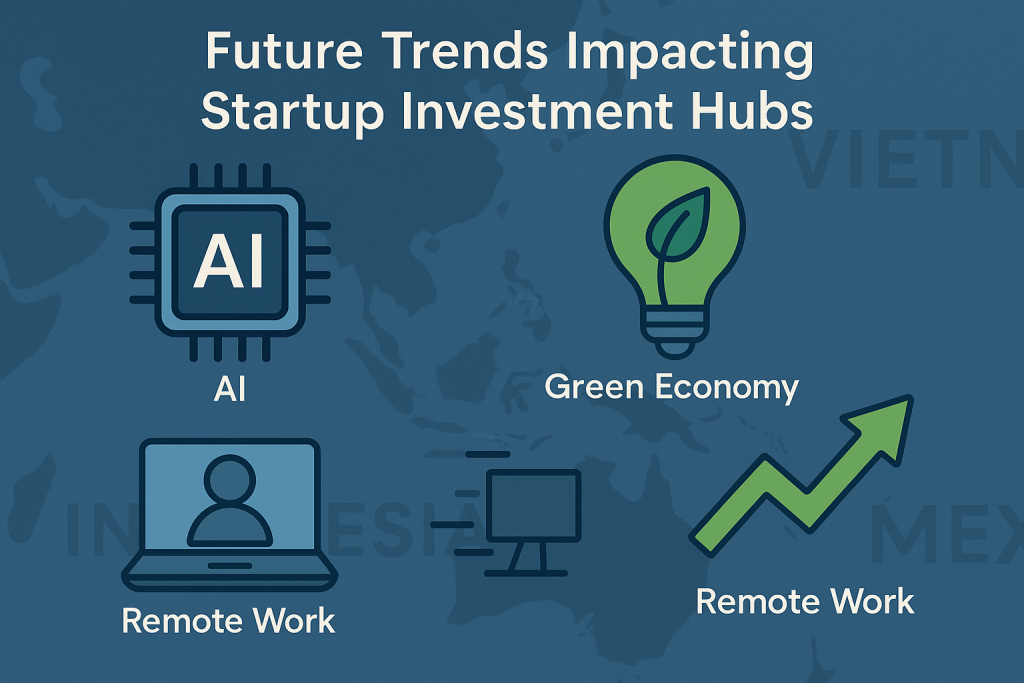 Illustration of future startup trends featuring icons for AI, green economy, and remote work on a global map background, highlighting key factors shaping investment hubs.
