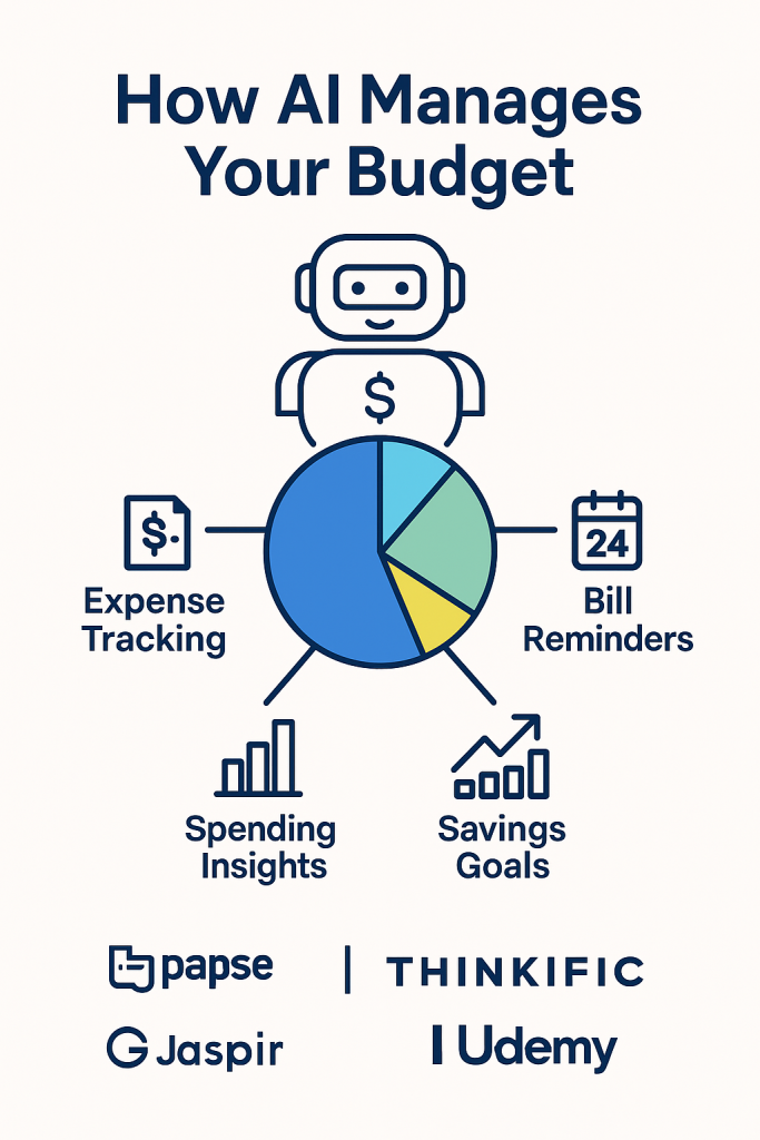 Infographic showing AI managing budget through tracking, reminders, insights, and savings goals.