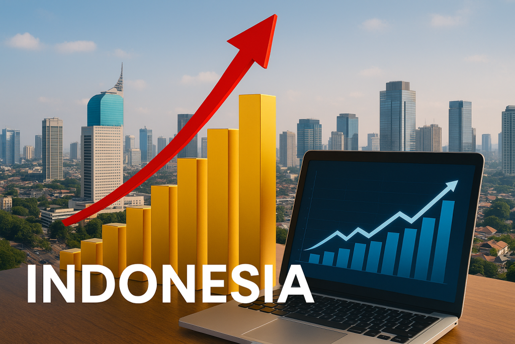 Bar chart with upward arrow and laptop showing rising financial graph set against Jakarta skyline, symbolizing Indonesia's startup and economic growth in 2025.