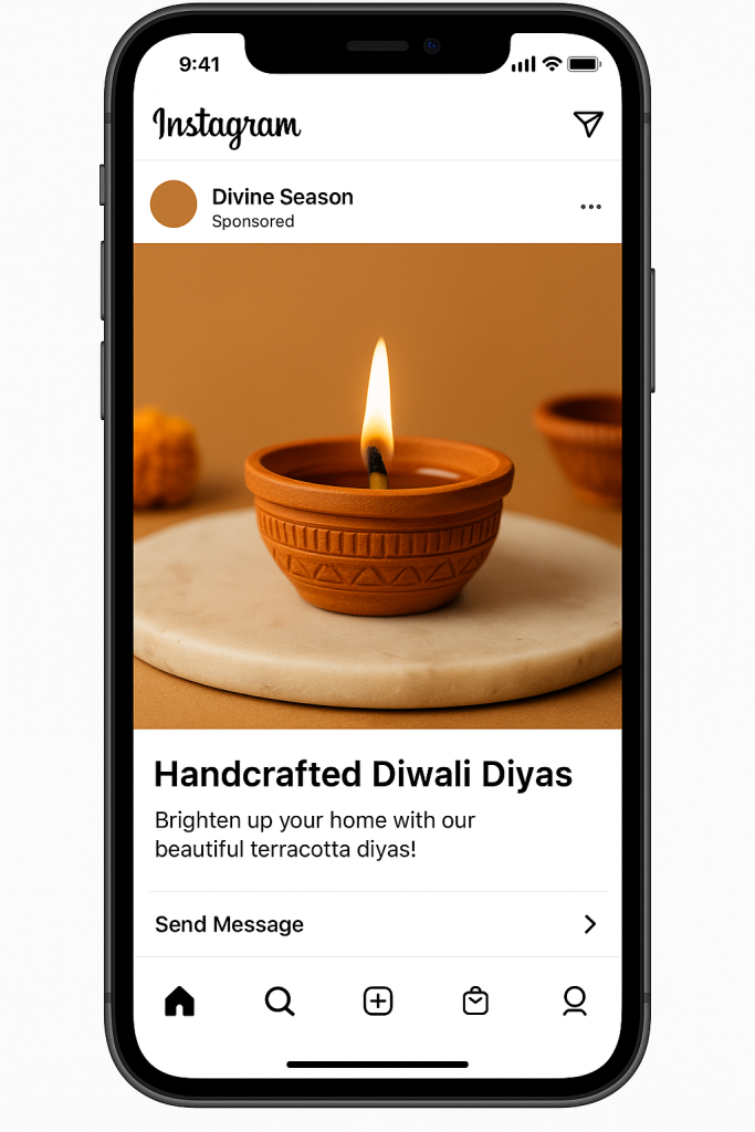Instagram ad promoting handcrafted diyas with Send Message CTA
