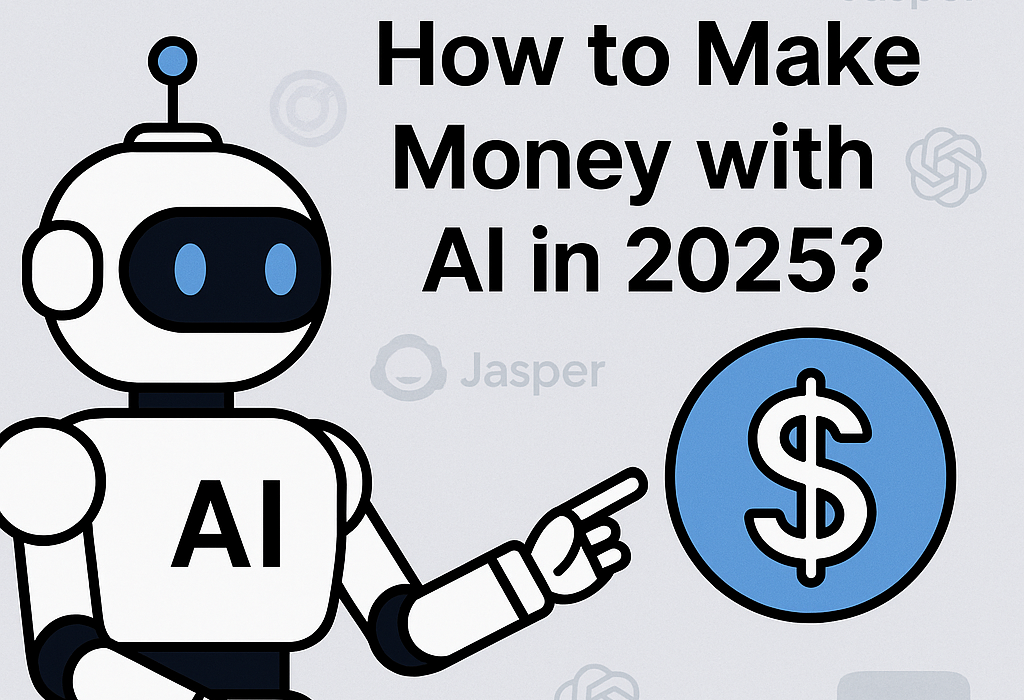 Robot with dollar sign and AI tool logos like ChatGPT and Canva, representing how to make money with AI in 2025