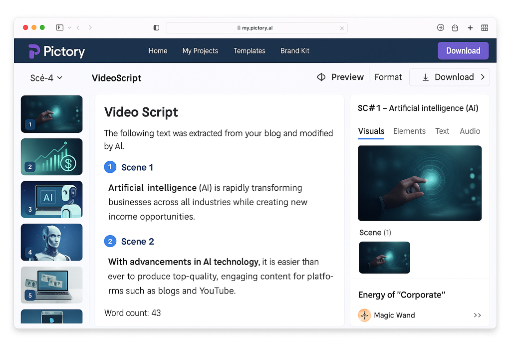 Pictory AI interface for creating video scripts from blog content.
