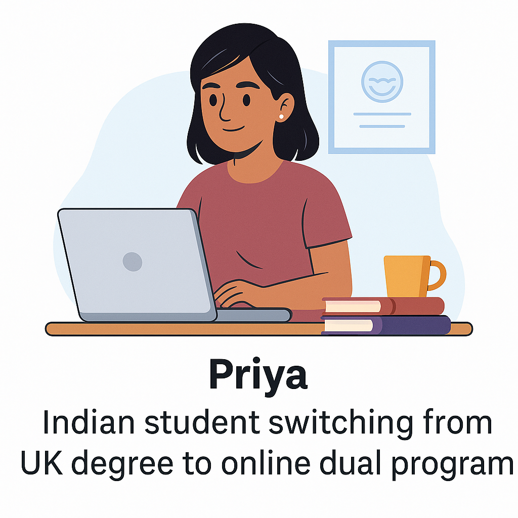 Illustration of Priya, an Indian student switching from UK degree to online dual program
