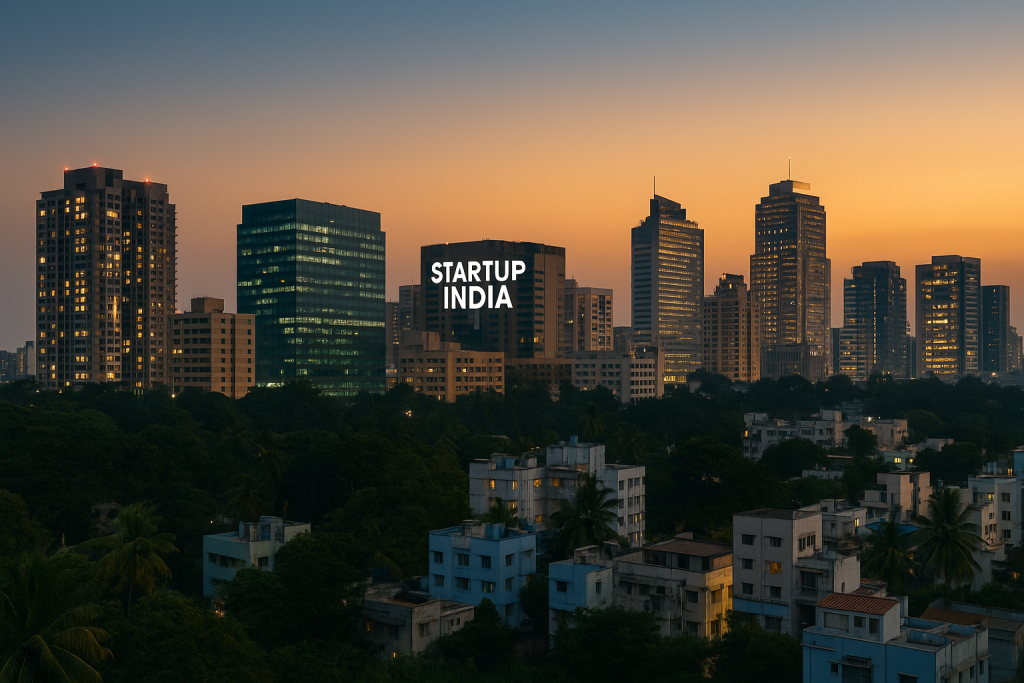 A vibrant cityscape of Bengaluru showcasing modern skyscrapers and greenery, with a "Startup India" sign, representing India's thriving startup ecosystem and digital growth.