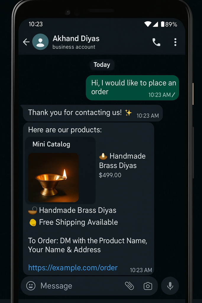WhatsApp Business product catalog and auto-reply example