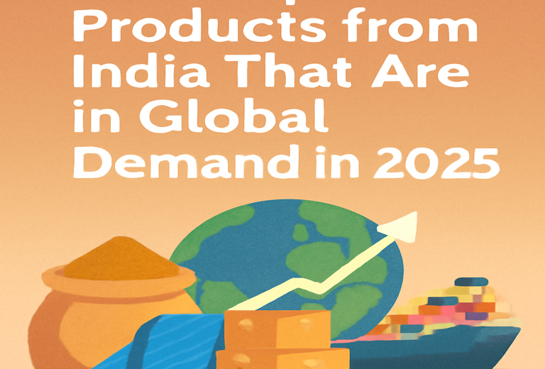 Best Export Products from India That Are in Global Demand in 2025, featuring symbols of global trade including spices, textiles.