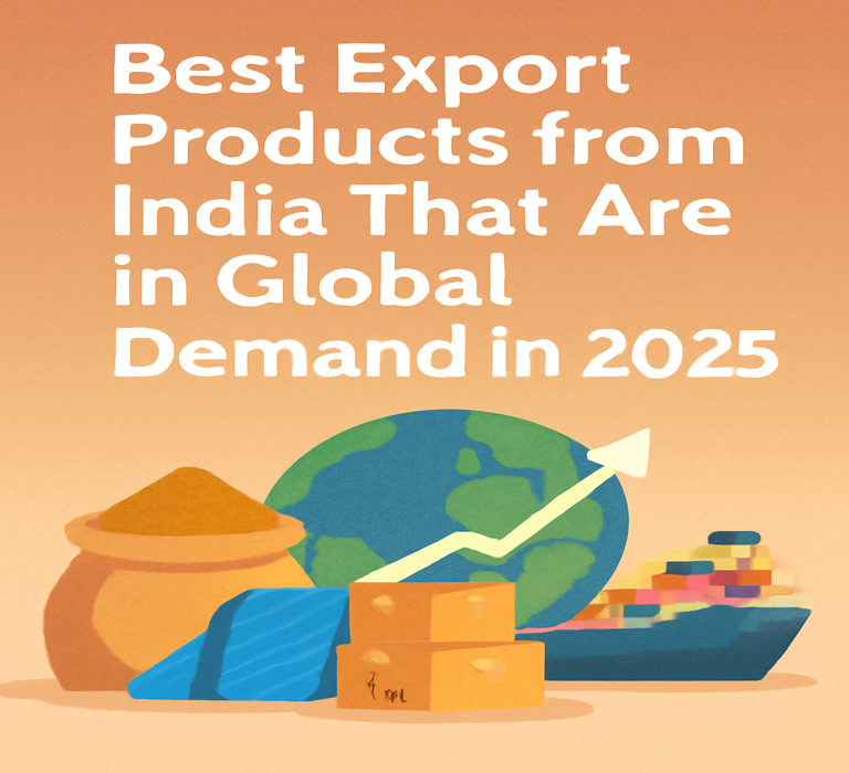 Best Export Products from India That Are in Global Demand in 2025, featuring symbols of global trade including spices, textiles.