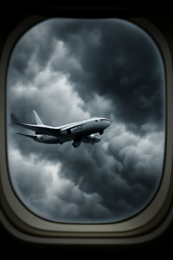 Commercial airplane flying through turbulent skies from a passenger window