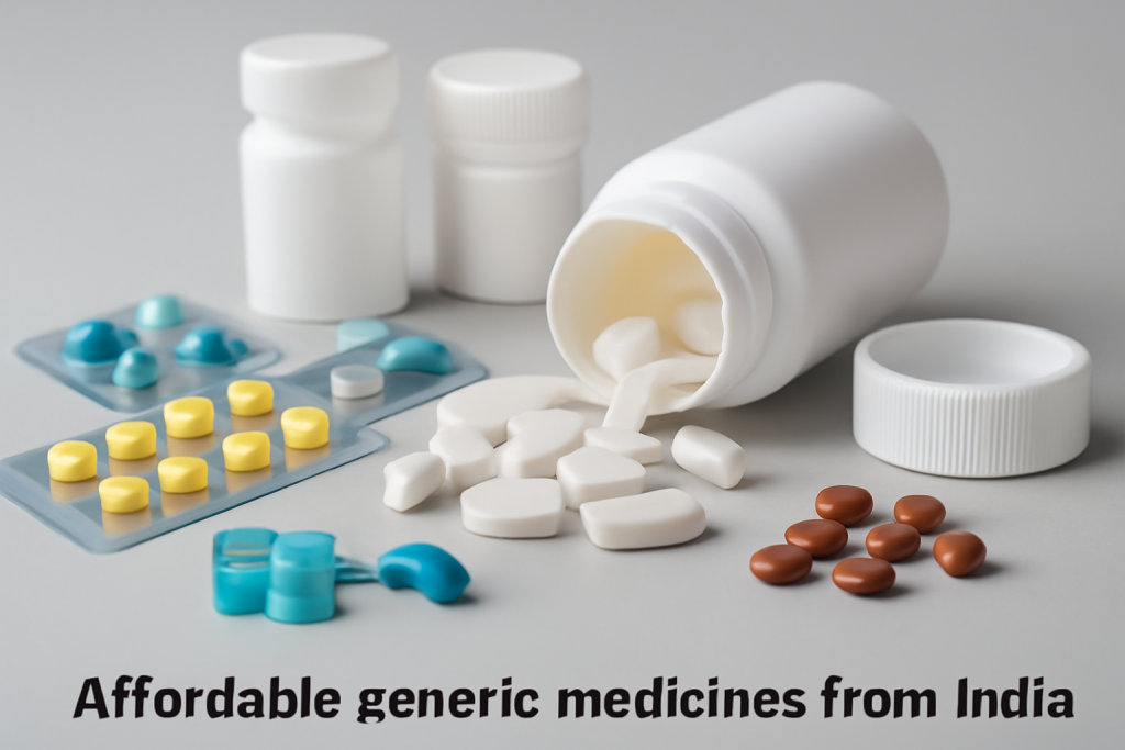 Assortment of generic medicines from India with a white pill bottle and colorful tablets