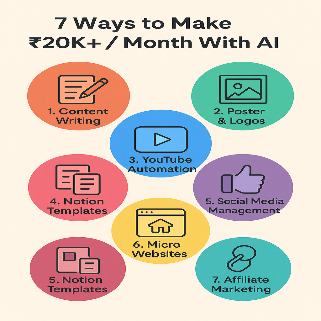 Infographic showing 7 AI income streams for students in colorful circles