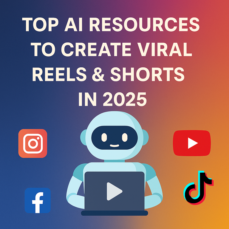 AI robot with laptop and social media icons showing tools for viral Reels in 2025