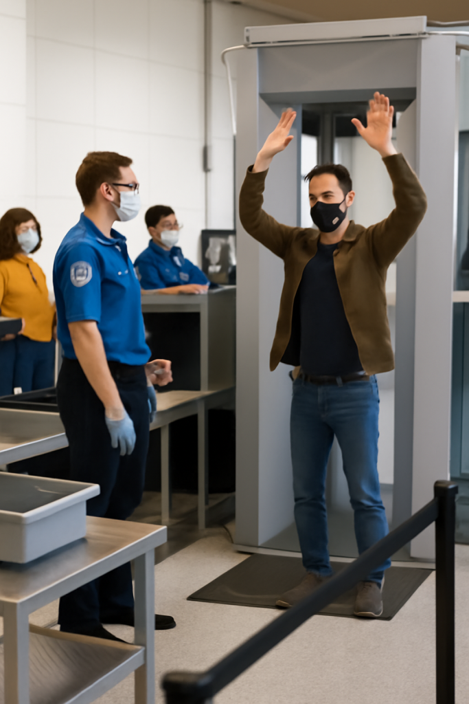 Passengers undergoing security screening at the airport
