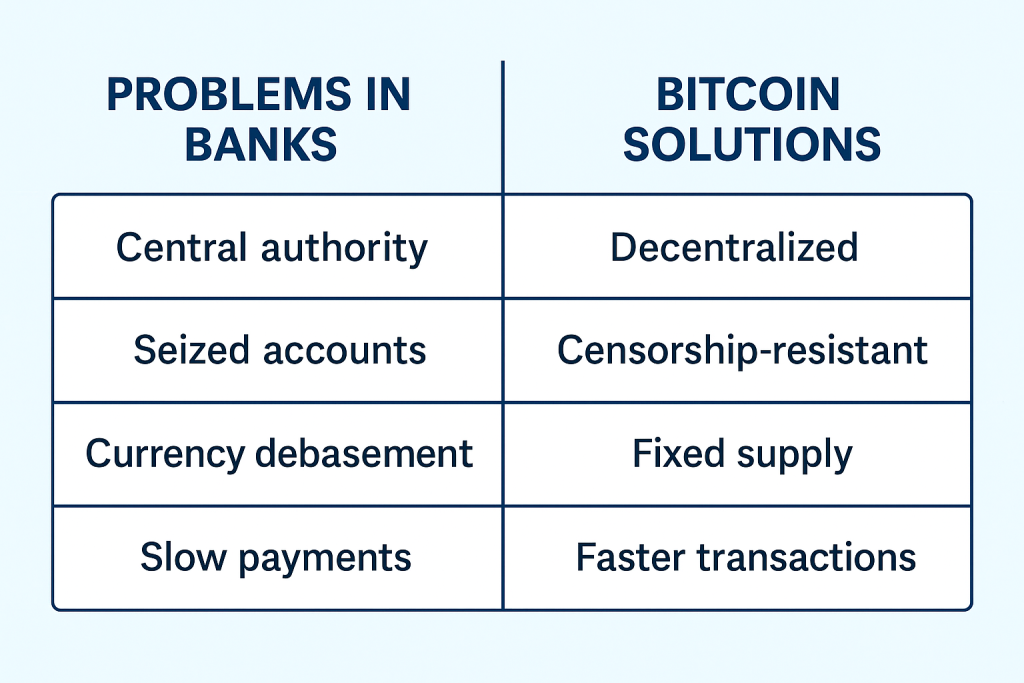 Table comparing problems in banks with Bitcoin’s solutions