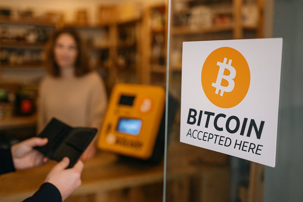 Photo showing Bitcoin accepted sign at shop with Bitcoin ATM in background