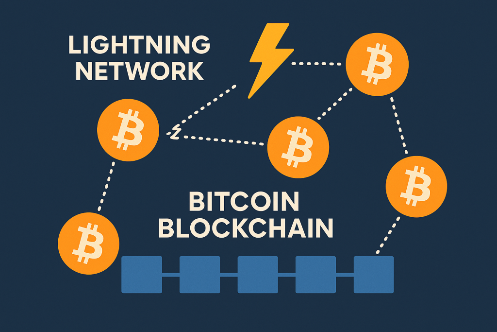 Diagram showing the Bitcoin blockchain and Lightning Network with connected nodes