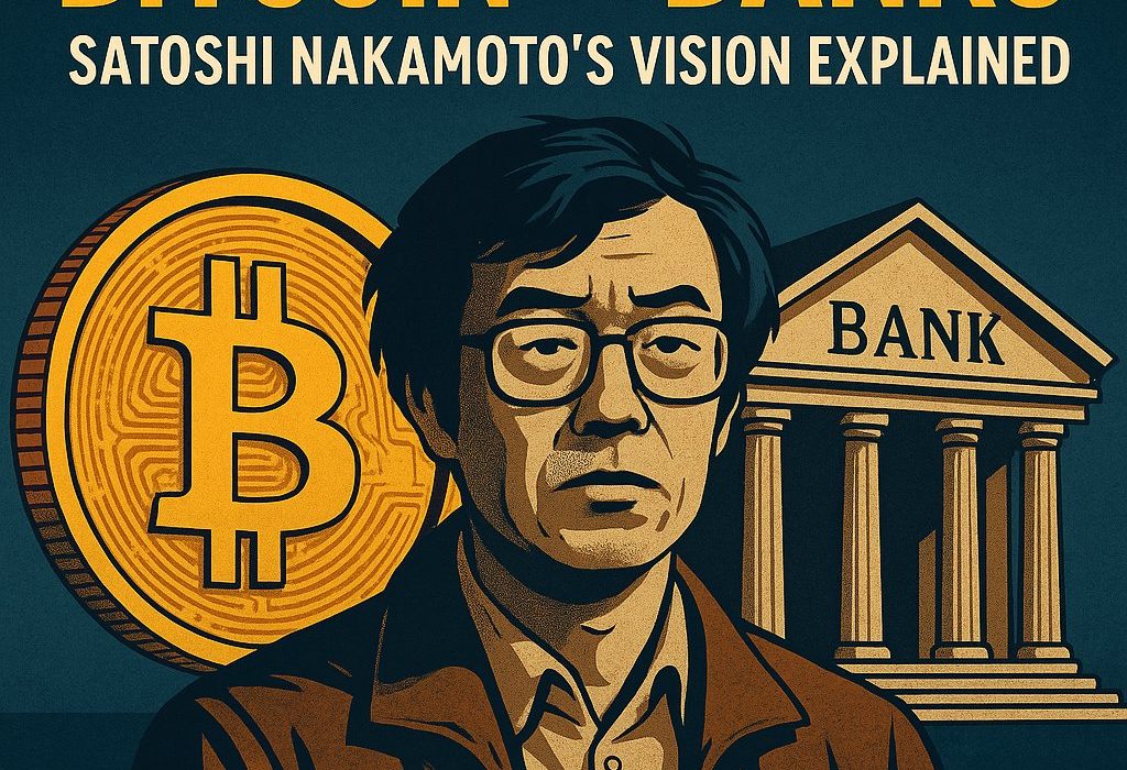 Bitcoin vs Banks cover with Satoshi Nakamoto illustration