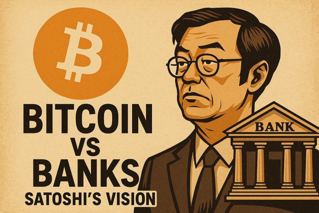 Illustration showing Bitcoin vs Banks with Satoshi Nakamoto in between