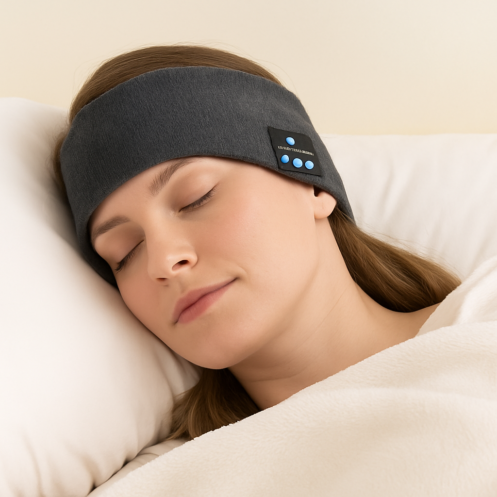 Woman wearing Bluetooth sleep headphones headband