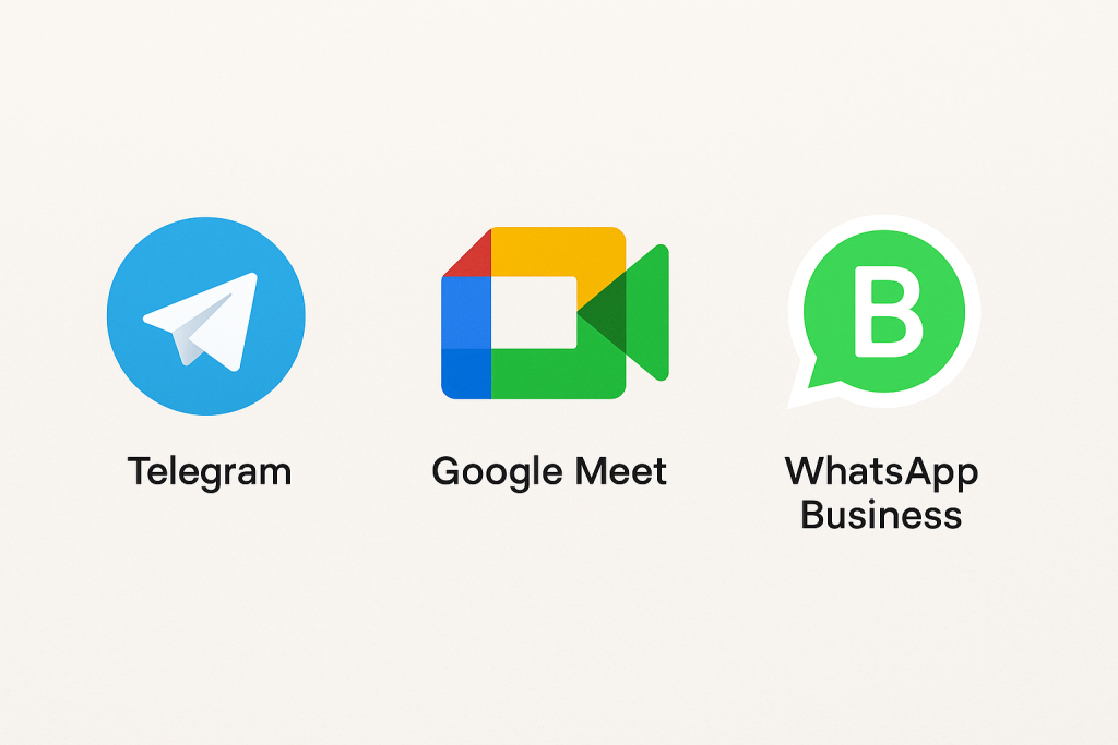 Icons of Telegram, Google Meet, and WhatsApp Business displayed side by side.