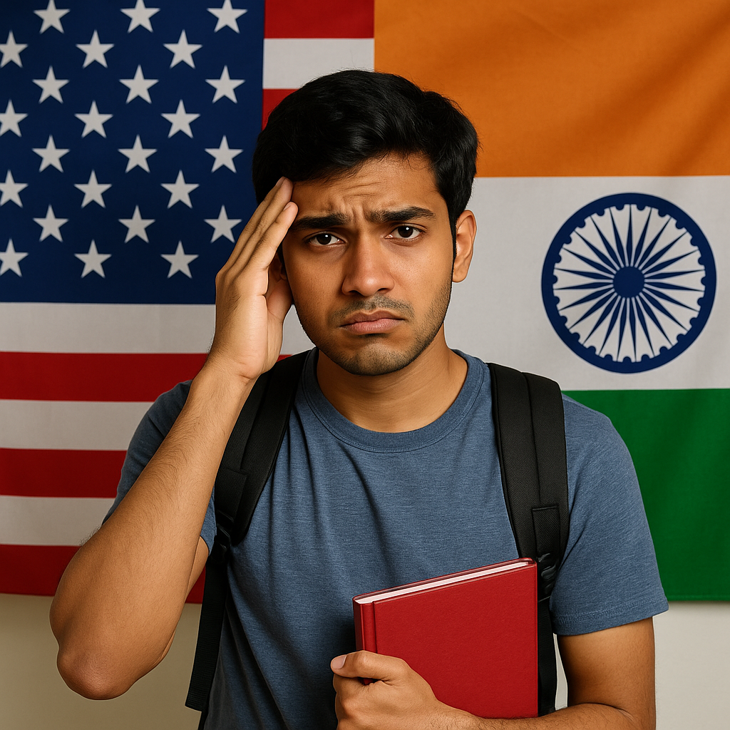 Confused Indian student standing in front of U.S. and Indian flags