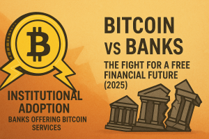Graphic of a Bitcoin logo and crumbling bank buildings with text "BITCOIN vs BANKS."
