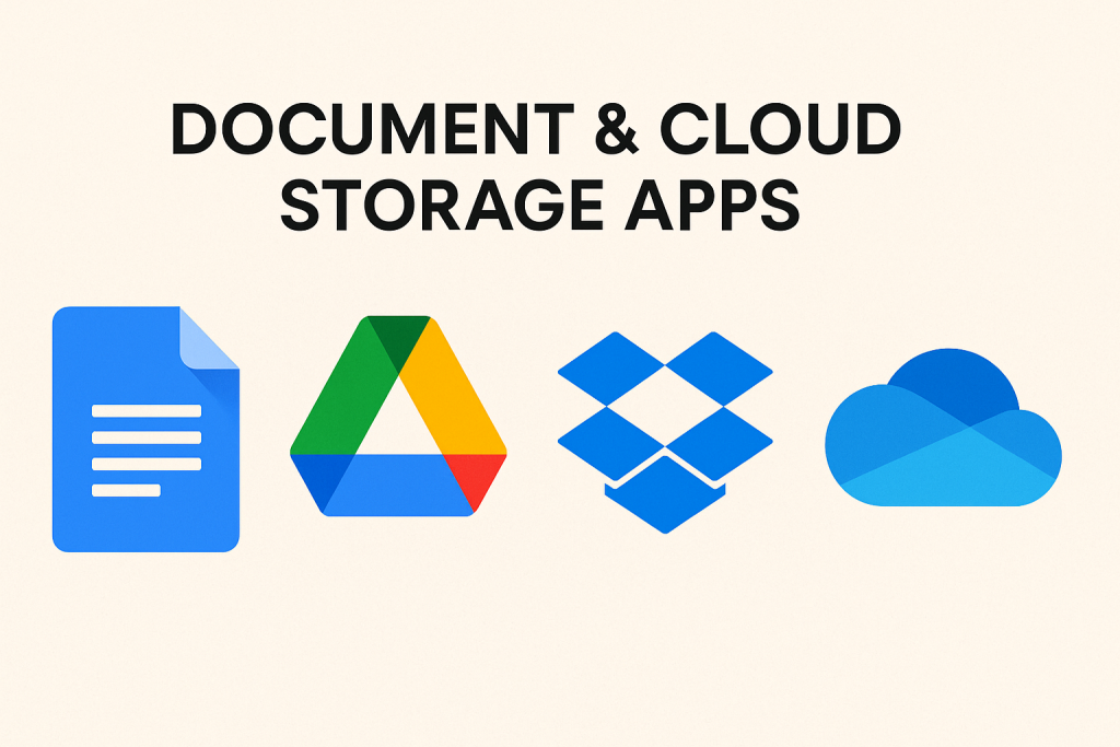 Icons of Google Docs, Google Drive, Dropbox, and OneDrive for cloud storage