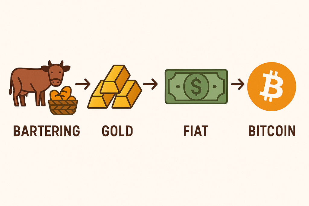 Illustration showing the evolution from bartering to gold, fiat currency, and Bitcoin