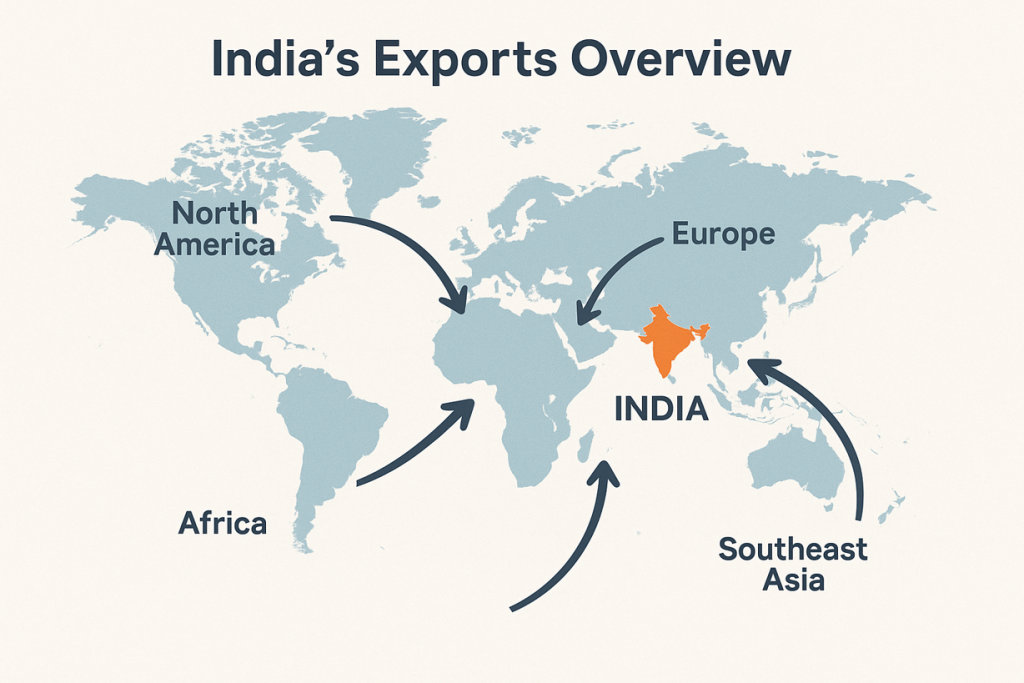 Map showing India's export routes to North America, Europe, Africa, and Southeast Asia in 2025.