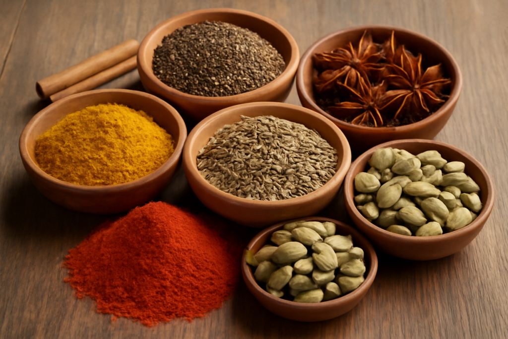 Assortment of Indian spices including turmeric, cardamom, chili powder, and star anise.