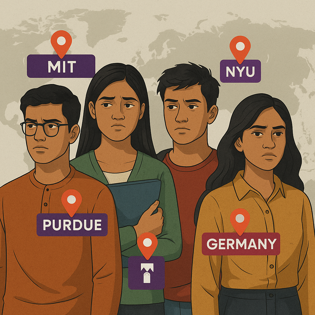 Illustration of four Indian students with MIT, NYU, Purdue, and Germany location