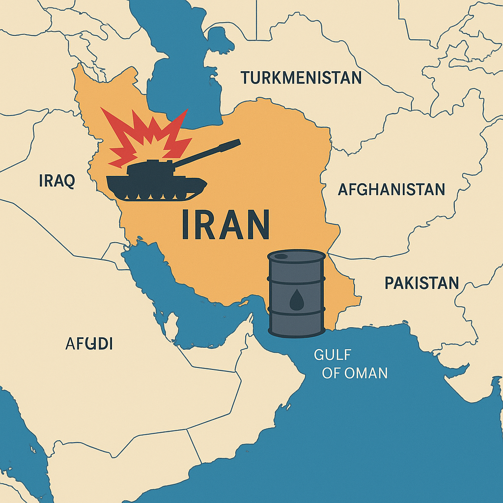 Map of Iran showing oil barrel and war tank symbols highlighting its strategic importance.