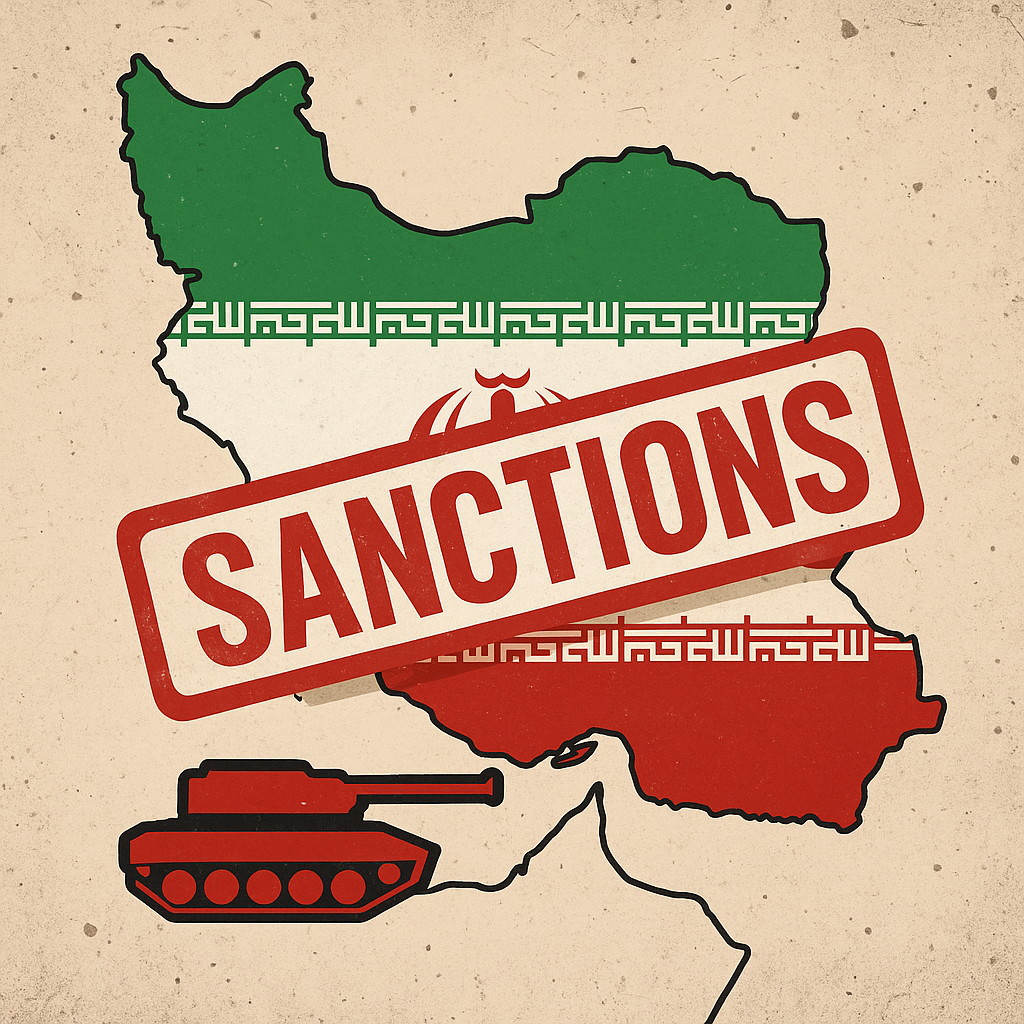 Illustration of Iran map with flag colors and a red SANCTIONS stamp across it