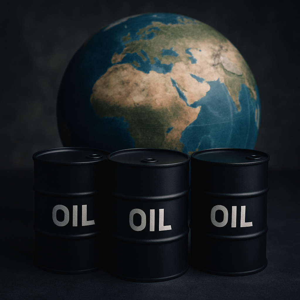 Black oil barrels with a globe in the background symbolizing global oil impact