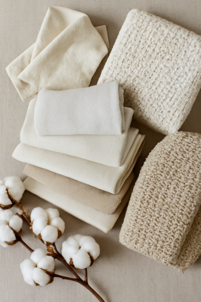 Organic cotton fabrics and raw cotton bolls arranged on a beige linen backdrop.